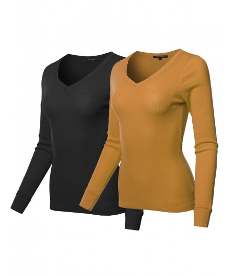 Women's Basic Casual Solid Long Sleeve V-neck Thermal Tops