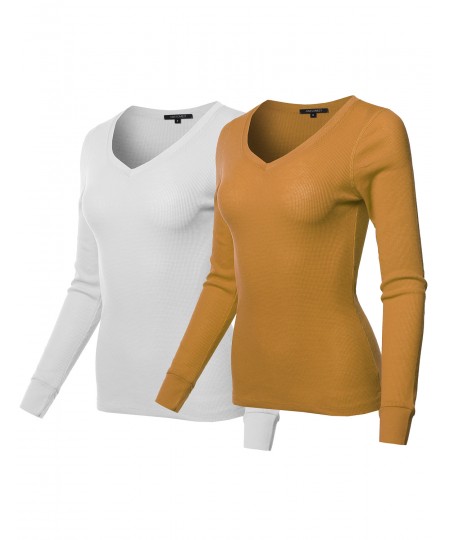 Women's Basic Casual Solid Long Sleeve V-neck Thermal Tops