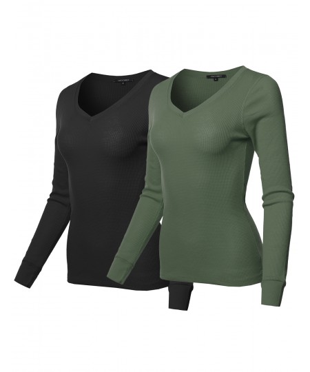 Women's Basic Casual Solid Long Sleeve V-neck Thermal Tops