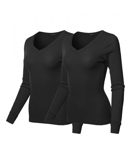 Women's Basic Casual Solid Long Sleeve V-neck Thermal Tops