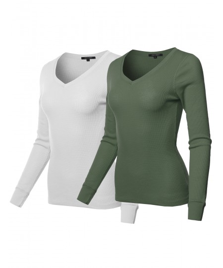 Women's Basic Casual Solid Long Sleeve V-neck Thermal Tops