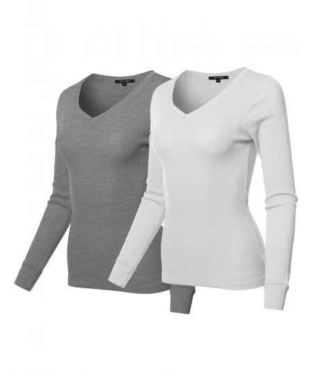 Women's Basic Casual Solid Long Sleeve V-neck Thermal Tops