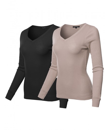 Women's Basic Casual Solid Long Sleeve V-neck Thermal Tops