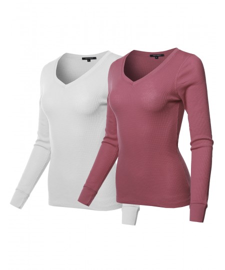 Women's Basic Casual Solid Long Sleeve V-neck Thermal Tops