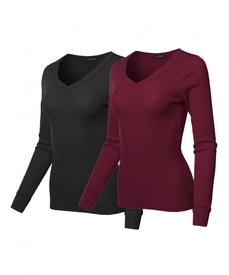 Women's Basic Casual Solid Long Sleeve V-neck Thermal Tops