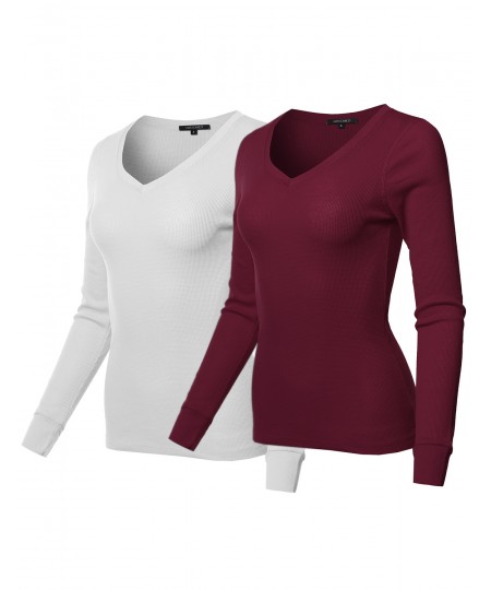 Women's Basic Casual Solid Long Sleeve V-neck Thermal Tops