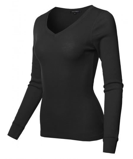 Women's Basic Casual Solid Long Sleeve V-neck Thermal Tops