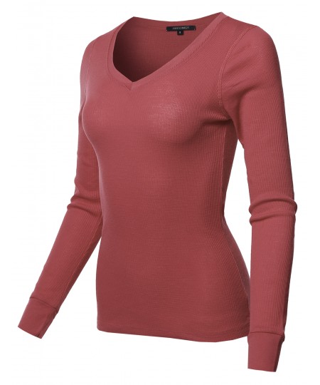 Women's Basic Casual Solid Long Sleeve V-neck Thermal Tops