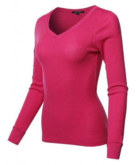 Women's Basic Casual Solid Long Sleeve V-neck Thermal Tops