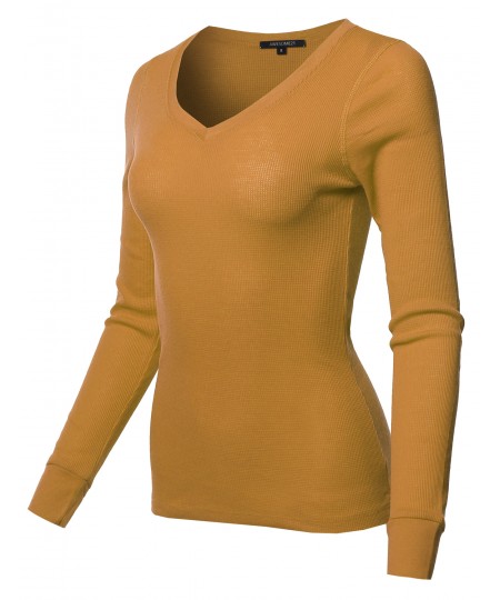 Women's Basic Casual Solid Long Sleeve V-neck Thermal Tops