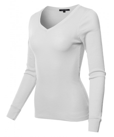 Women's Basic Casual Solid Long Sleeve V-neck Thermal Tops