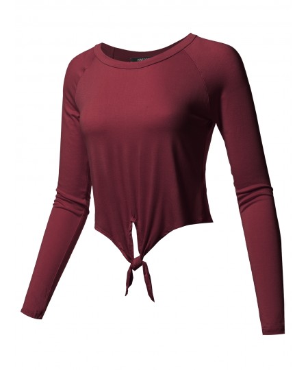 Women's Solid Raglan Long Sleeves Tie Front Crop Top