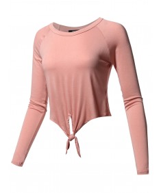 Women's Solid Raglan Long Sleeves Tie Front Crop Top