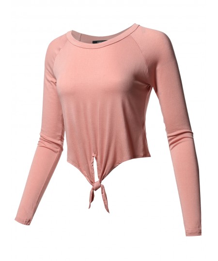 Women's Solid Raglan Long Sleeves Tie Front Crop Top