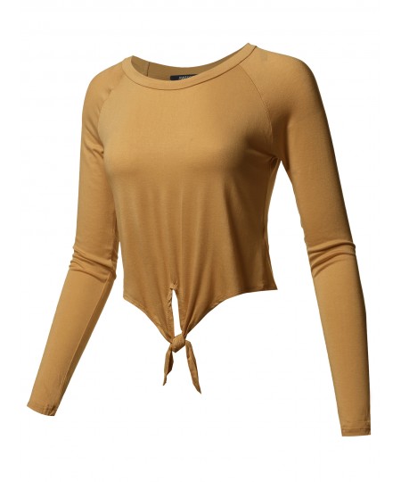 Women's Solid Raglan Long Sleeves Tie Front Crop Top