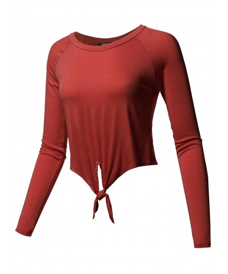 Women's Solid Raglan Long Sleeves Tie Front Crop Top