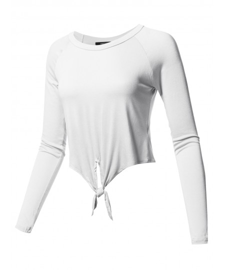 Women's Solid Raglan Long Sleeves Tie Front Crop Top