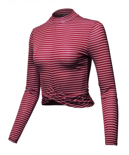 Women's Casual Stripes Long Sleeve Twist Knotted Front Crop Top