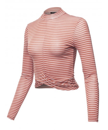 Women's Casual Stripes Long Sleeve Twist Knotted Front Crop Top