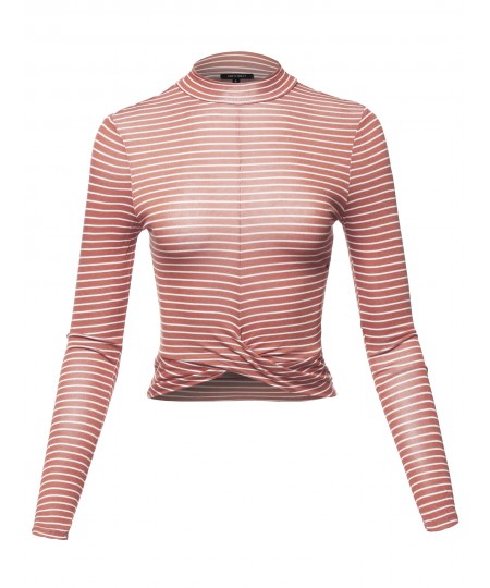 Women's Casual Stripes Long Sleeve Twist Knotted Front Crop Top