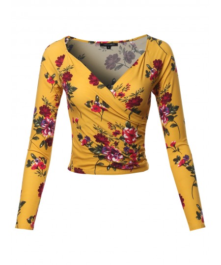 Women's Floral Wrapped Front Long Sleeve V-Neck Crop Top