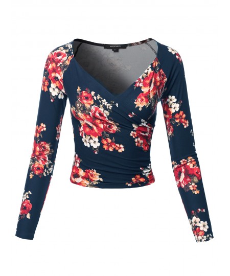 Women's Floral Wrapped Front Long Sleeve V-Neck Crop Top