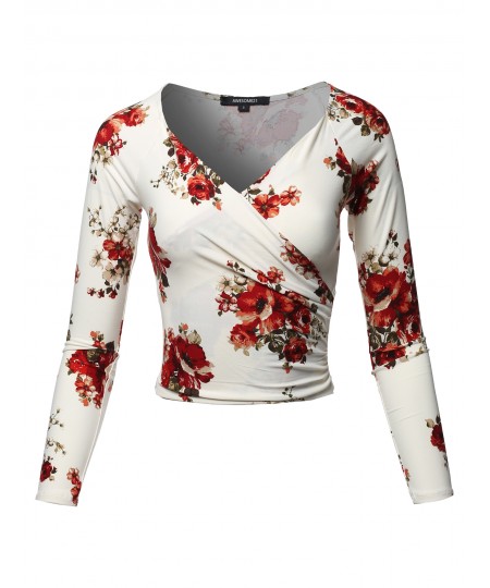 Women's Floral Wrapped Front Long Sleeve V-Neck Crop Top