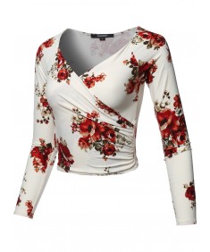 Women's Floral Wrapped Front Long Sleeve V-Neck Crop Top