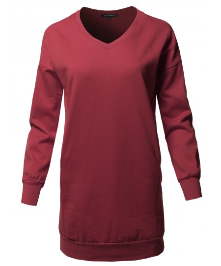 Women's Casual Long Sleeve V-Neck Over-Sized Tunic Dress Top