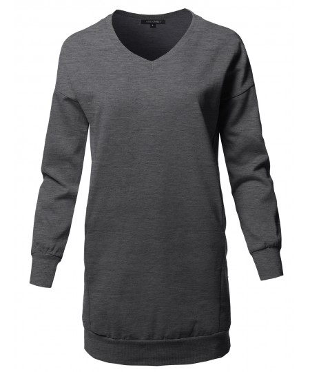 Women's Casual Long Sleeve V-Neck Over-Sized Tunic Dress Top