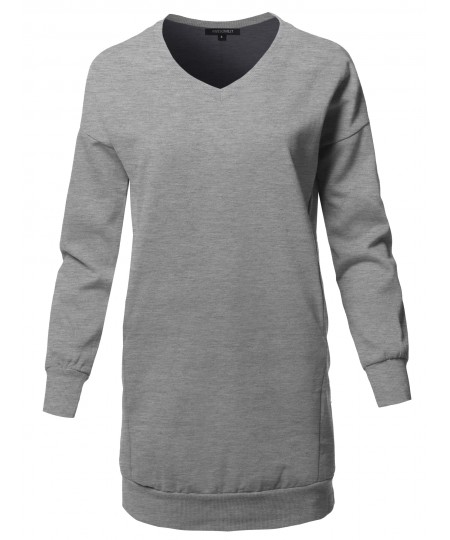 Women's Casual Long Sleeve V-Neck Over-Sized Tunic Dress Top
