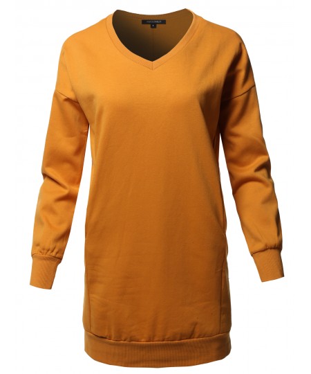 Women's Casual Long Sleeve V-Neck Over-Sized Tunic Dress Top