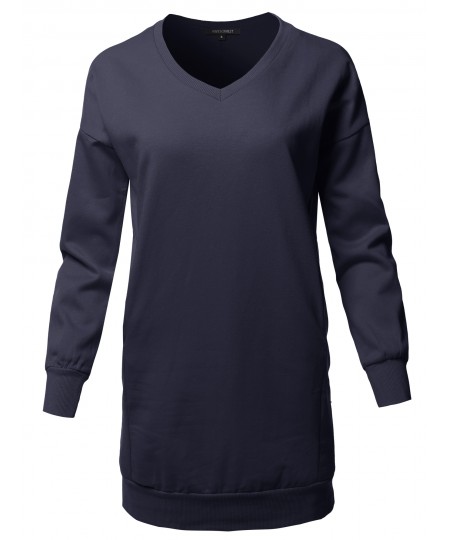 Women's Casual Long Sleeve V-Neck Over-Sized Tunic Dress Top