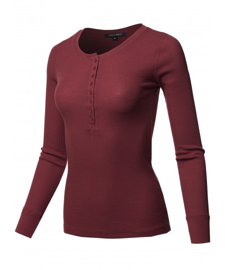 Women's Solid Long Sleeves Henley Neck Thermal Top