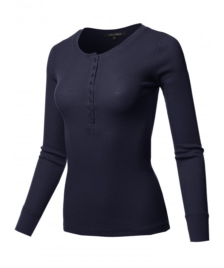 Women's Solid Long Sleeves Henley Neck Thermal Top