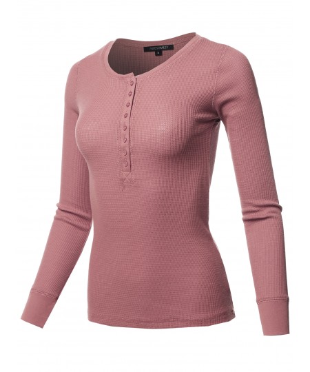 Women's Solid Long Sleeves Henley Neck Thermal Top