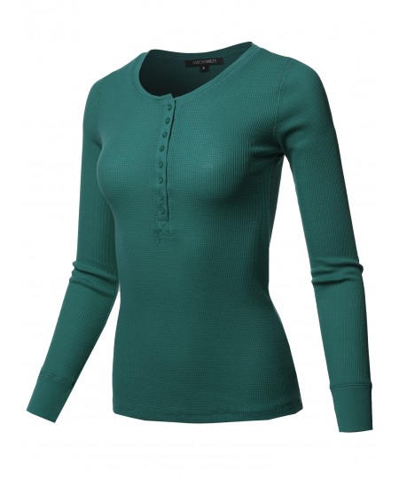 Women's Solid Long Sleeves Henley Neck Thermal Top