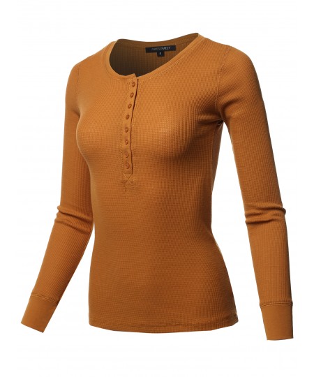 Women's Solid Long Sleeves Henley Neck Thermal Top