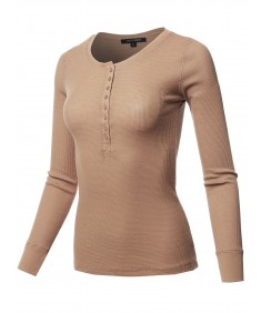 Women's Solid Long Sleeves Henley Neck Thermal Top