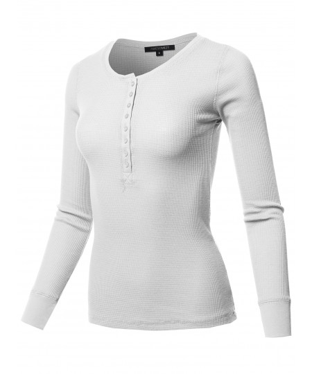 Women's Solid Long Sleeves Henley Neck Thermal Top