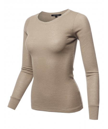 Women's Basic Casual Solid Long Sleeve Round-Neck Thermal Tops