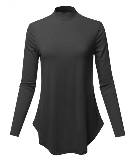 Women's Solid Long Sleeves Round Hem Mock Neck Top