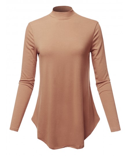 Women's Solid Long Sleeves Round Hem Mock Neck Top