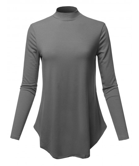 Women's Solid Long Sleeves Round Hem Mock Neck Top