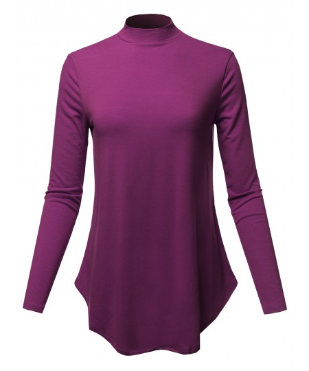 Women's Solid Long Sleeves Round Hem Mock Neck Top