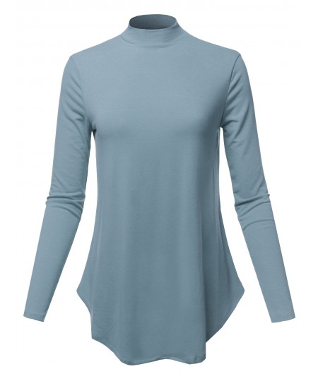 Women's Solid Long Sleeves Round Hem Mock Neck Top