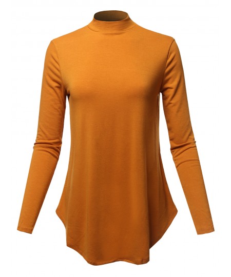 Women's Solid Long Sleeves Round Hem Mock Neck Top