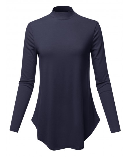 Women's Solid Long Sleeves Round Hem Mock Neck Top