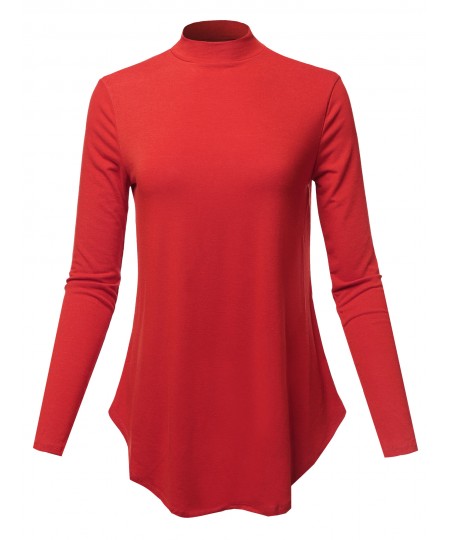 Women's Solid Long Sleeves Round Hem Mock Neck Top