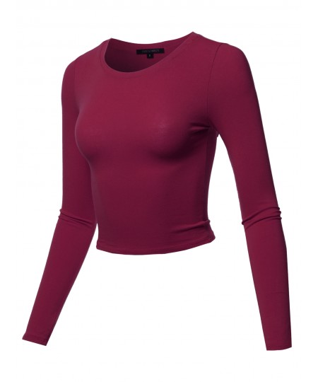 Women's Solid Round Neck Long Sleeve  Basic Crop Top